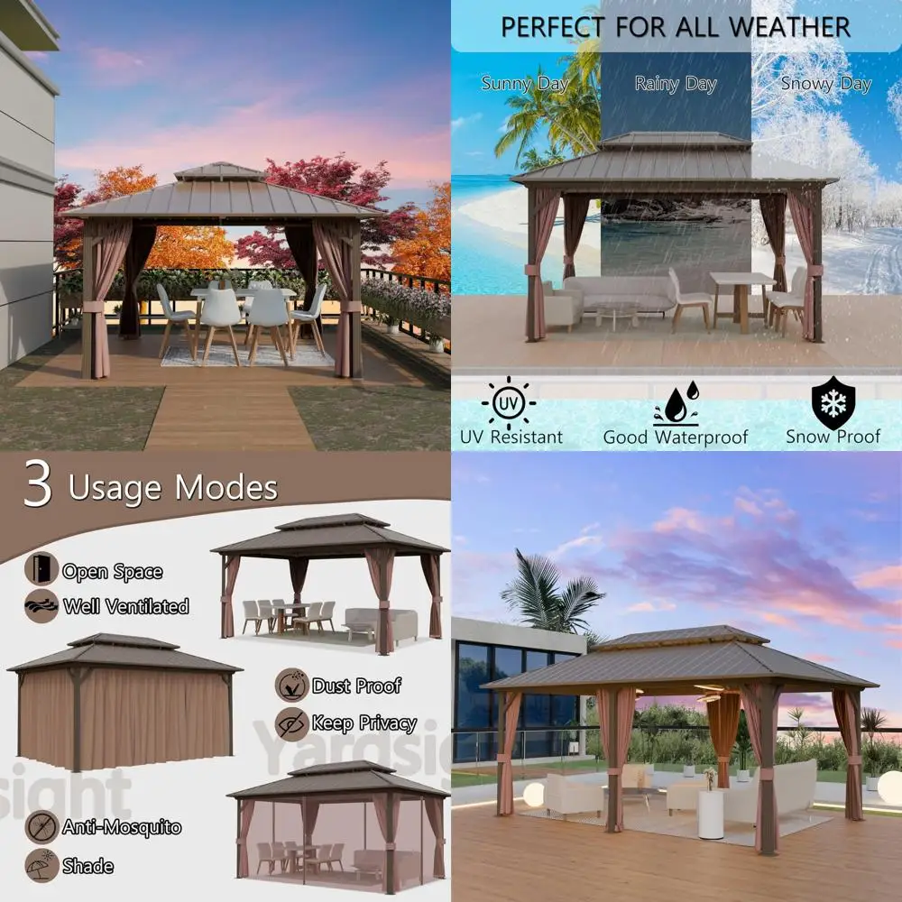 

10'x14' hardtop gazebo, outdoor aluminum frame galvanized steel double roof pavilion with netting and shaded curtains, permanent