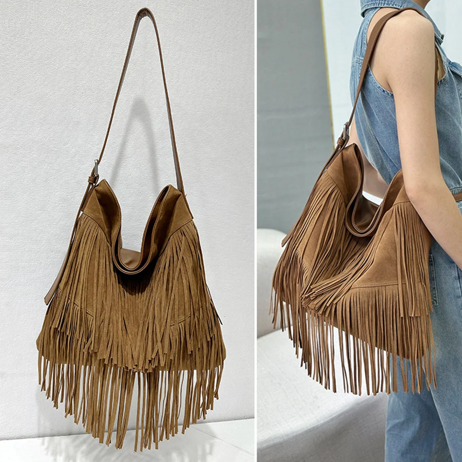 Bolso de Hombro Estilo Boho con Flecos, Bolso de Mano Vintage de Gamuza para Mujer, Gran Capacidad, Casual, con Flecos, de Cuero PU con Parches