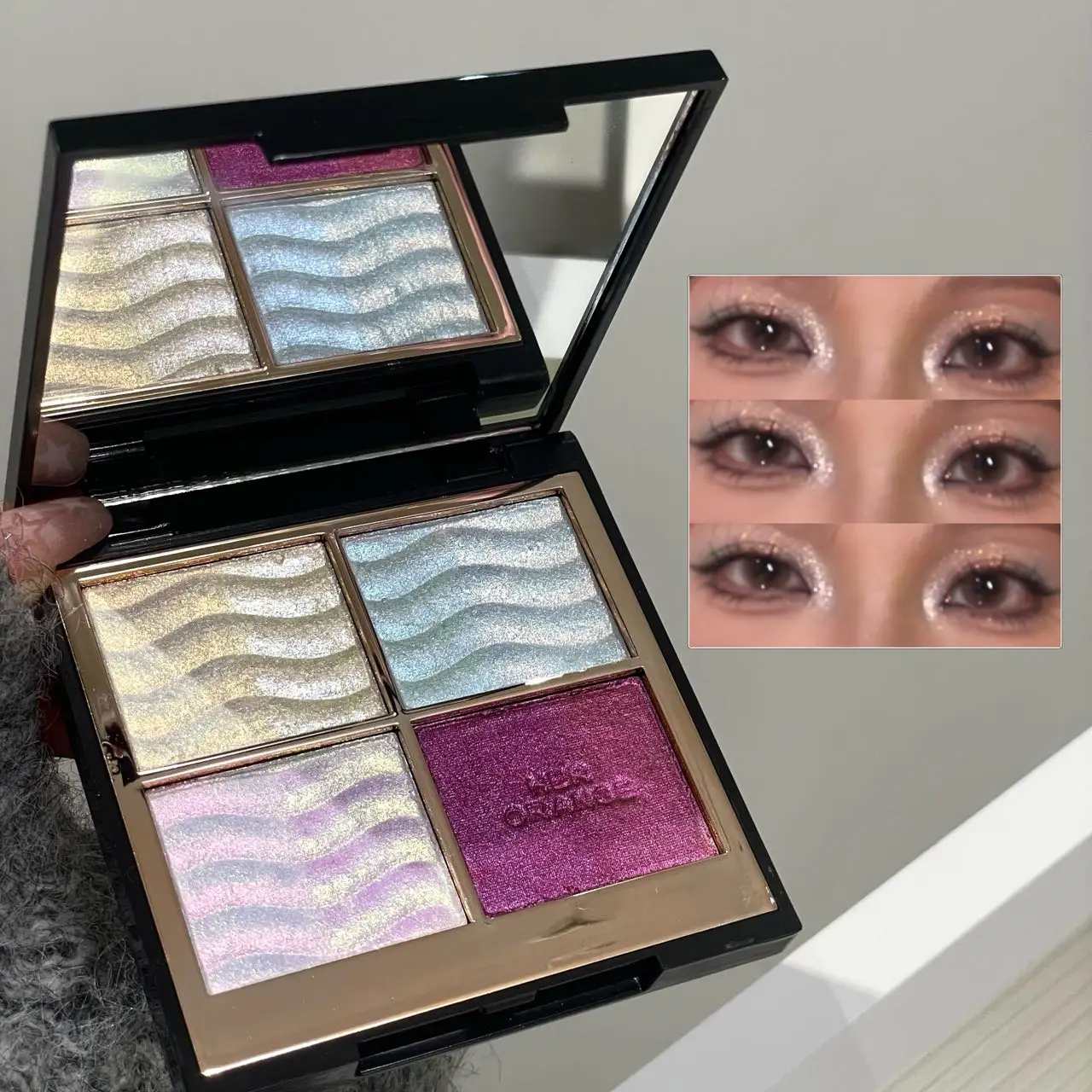 4 色メタリックカメレオンパープルアイシャドウパレットシャインハイライターフェイスボディブライトングリッターマルチクロームアイシャドウメイクアップ