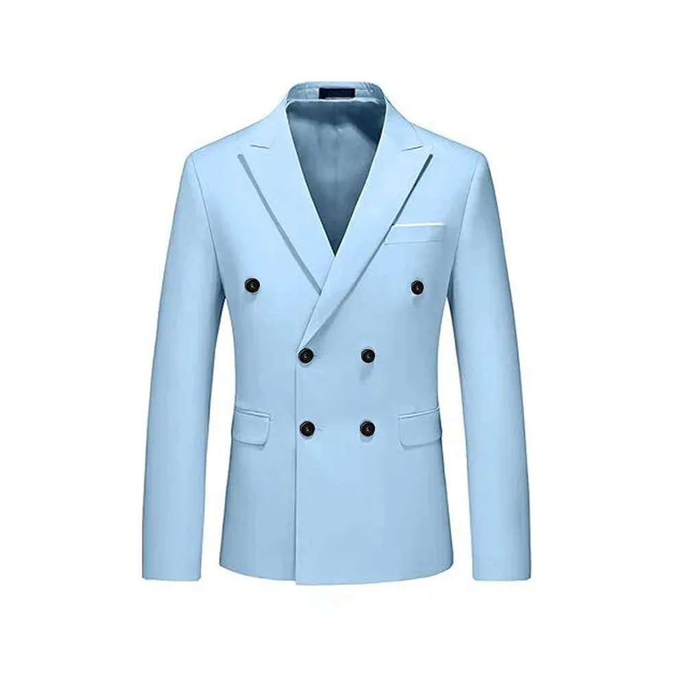 Double Breasted Men Suits Peak Lapel Sky Blue Flat Front Regular Length 2 Piece Jacket Pants Set Prom Party Costume Homme Blazer