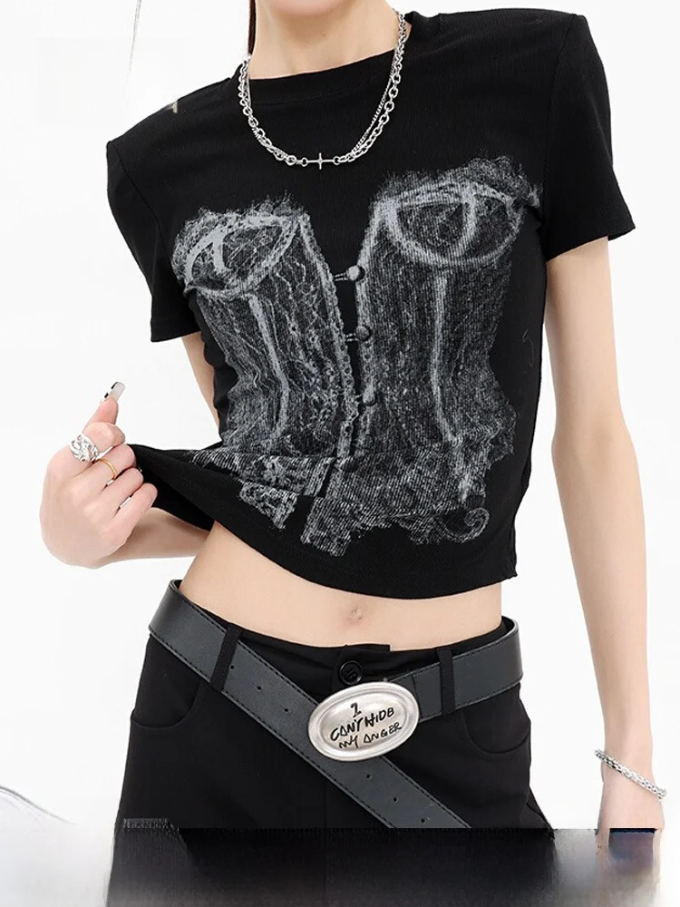 

Женская приталенная футболка NZNB с кружевным принтом, круглым вырезом и коротким рукавом, летняя новинка, креативный дизайн для повседневной носки