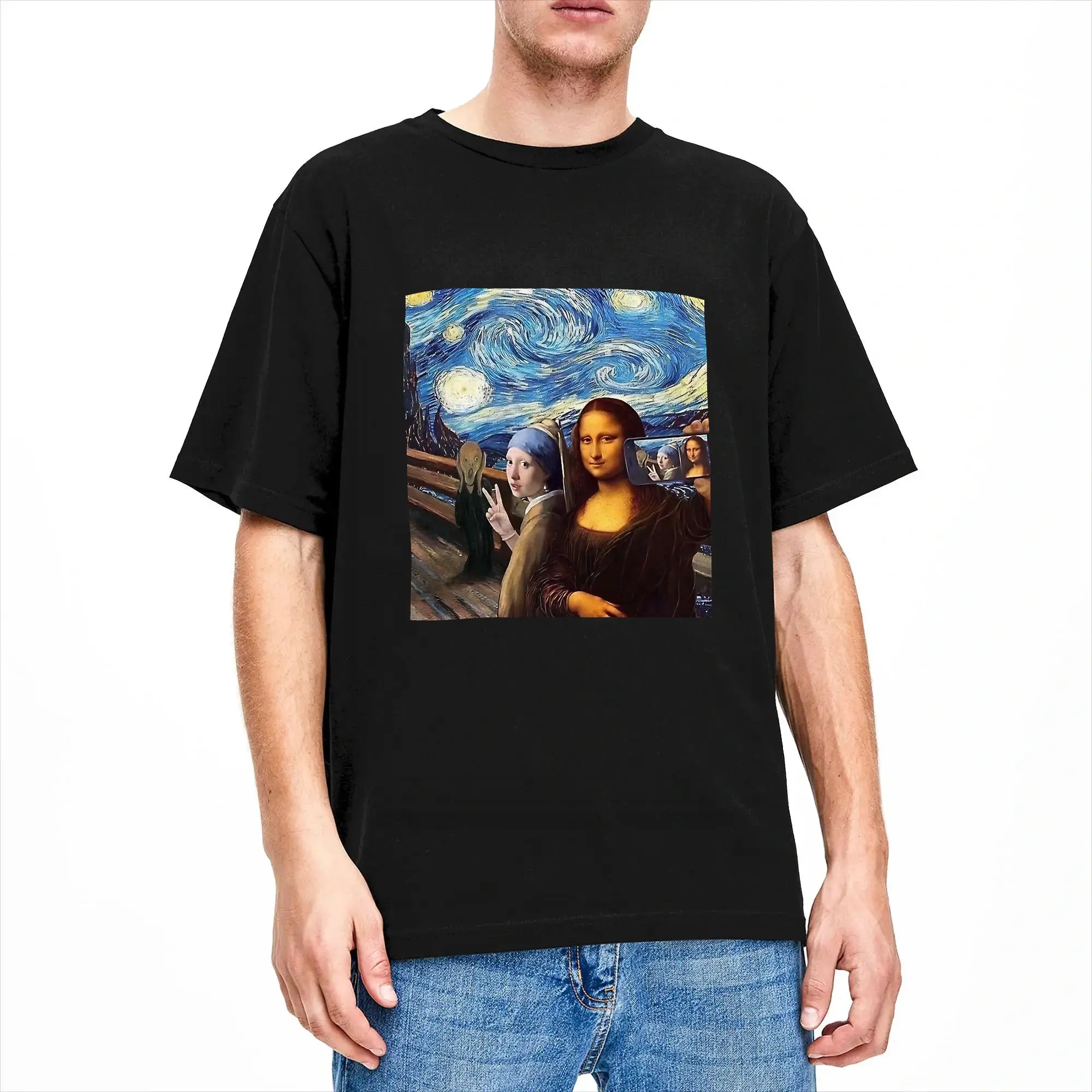 Man T Shirt Scream And Selfie Of Four Classical Paintings Mash Up   T Shirts Summer Tee Shirt Aesthetic 100% Cotton Clothes Gift