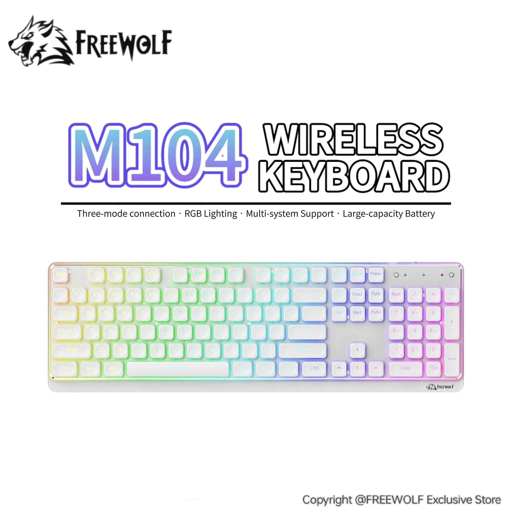 Teclado RGB M104 FREEWOLF, Diseño Silencioso con Teclas Chocolate Water Drop, 4000mAh, Moldeo por Inyección de Dos Colores para Win/Mac
