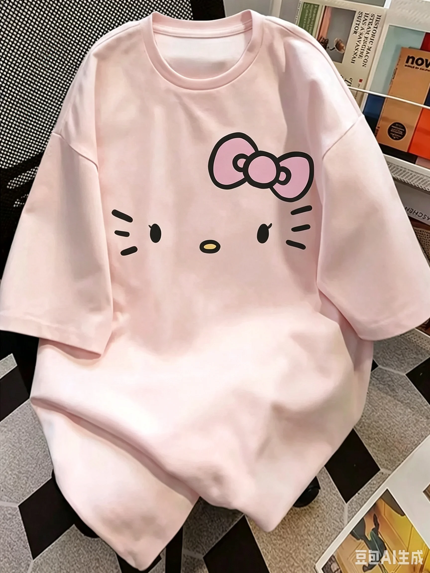 2026 Sanrio Hello Kitty Women's T-shirt Pink Bow Pattern Cartoon Short Sleeve T-shirt Teen Girl