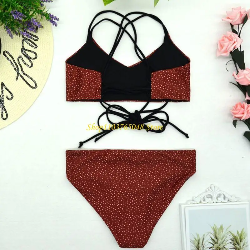 R53E Women Polka Dot Printing Swimwear Padded Push up 2 Piece Sets Swimsuits Beautiful Back Lanyard Outdoor Beach Suit