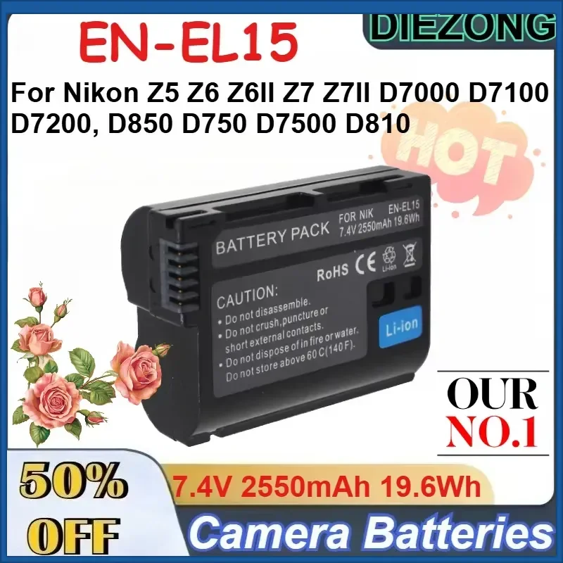 7.4V 2550mAh 19.6Wh EN-EL15 Li-Ion Battery for Nikon Z5 Z6 Z6II Z7 Z7II D7000 D7100 D7200, D850 D750 D7500 D810 Camera