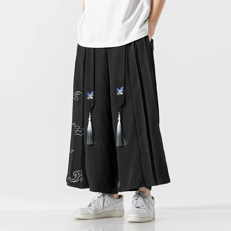 Wide Leg Pants Mens Harajuku Style Fashion Man Loose Trousers Harem Pants Male Streetwear Cotton Linen Tassel Big Size 5XL