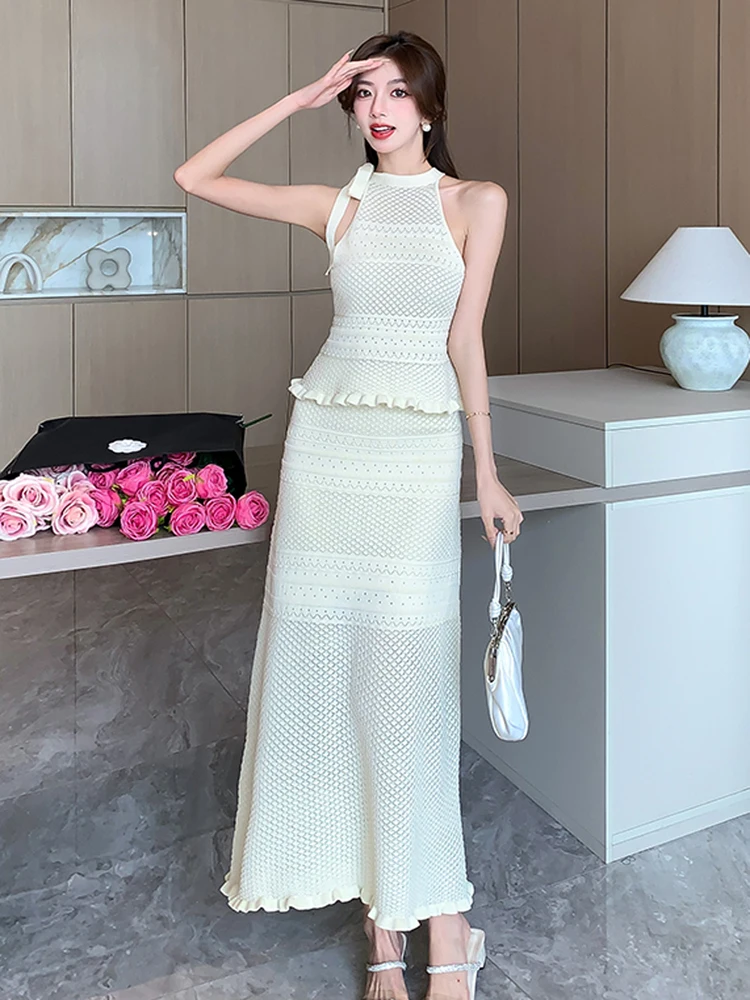 Elegant Summer Knitted 2 Piece Set Women Bow Hollow Out Sexy Off Shoulder Top&Ladies High Waist Skirt Sweater Outfits Female