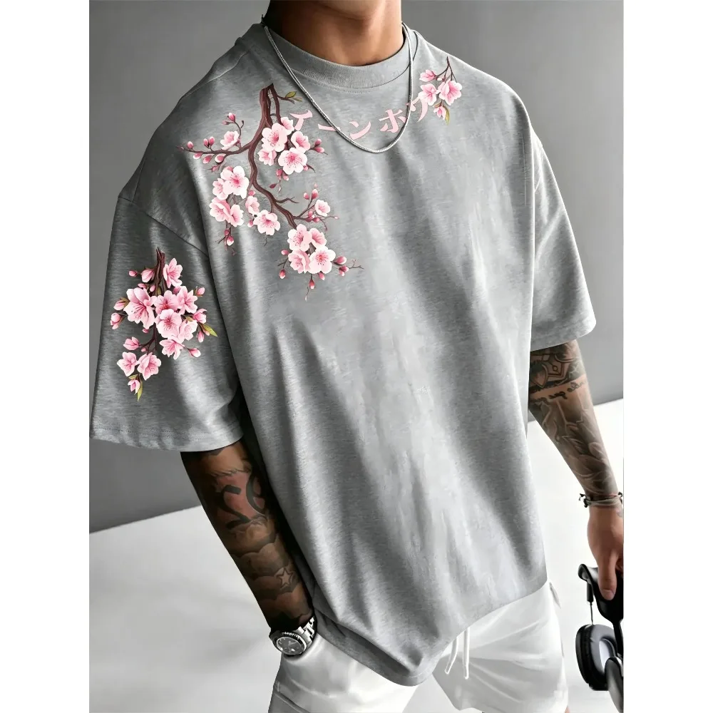 Sakura Cherry Blossom Print Men Oversized Crew Neck T-Shirt Daily Soft Breathable Short Sleeve Top