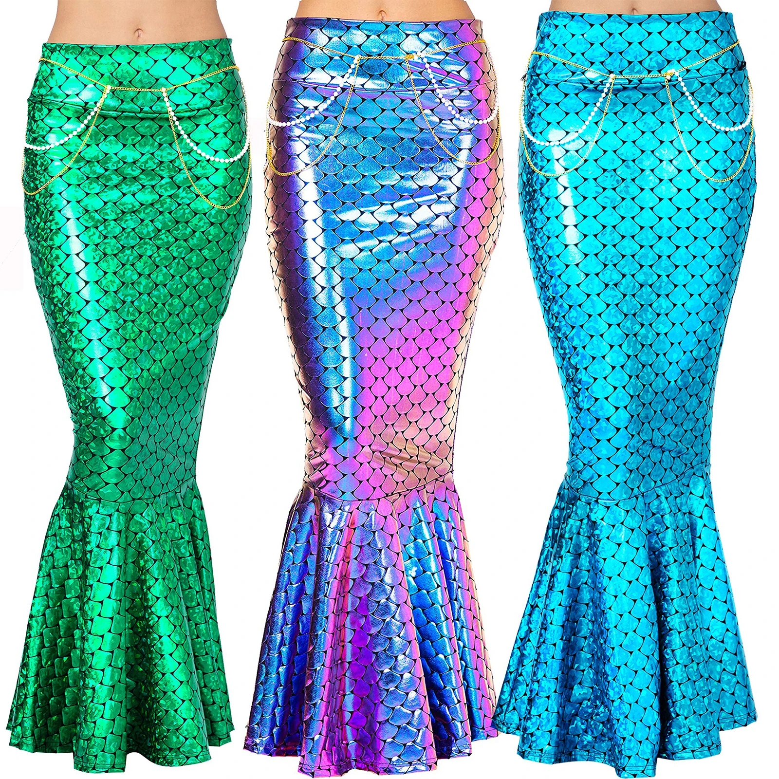 Women Long Mermaid Skirt Metallic Hologram Scale Print Slim Fit Skirt with Pearl Chain for  Cosplay Costume falda de fiesta