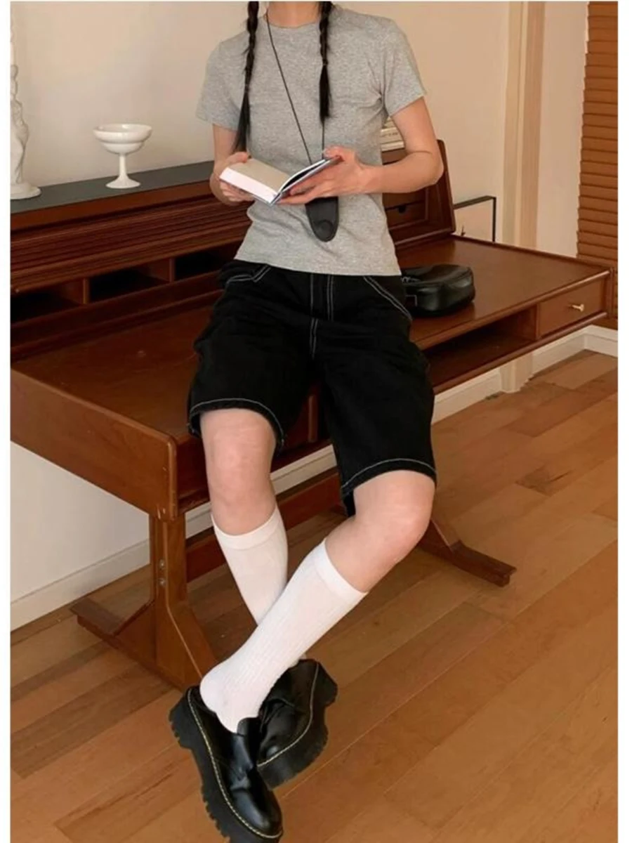 RORORIRI Girl Summer Shorts Plus Size High Waisted Wide Leg Denim Shorts Loose Fit Straight Leg Cropped Pant for Women Black