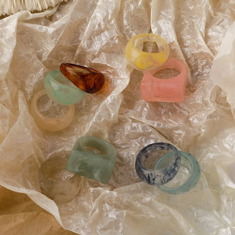 Acrylic Resin Square Drop Ring Multicolor Tie Dye Texture Marbled Finger Band For Index Finger Stackable Premium Lightweight