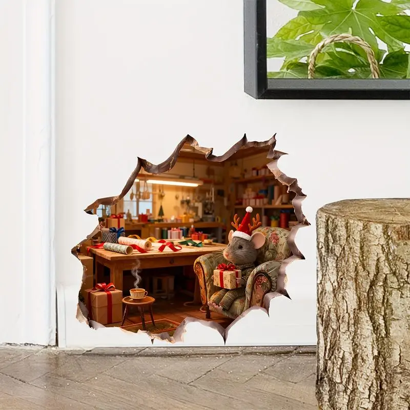 VIKAMA Christmas Mouse Gift Workshop Hole Wall Stickers Self Adhesive Creative 3D Stickers Living Room Entrance Room Decoration