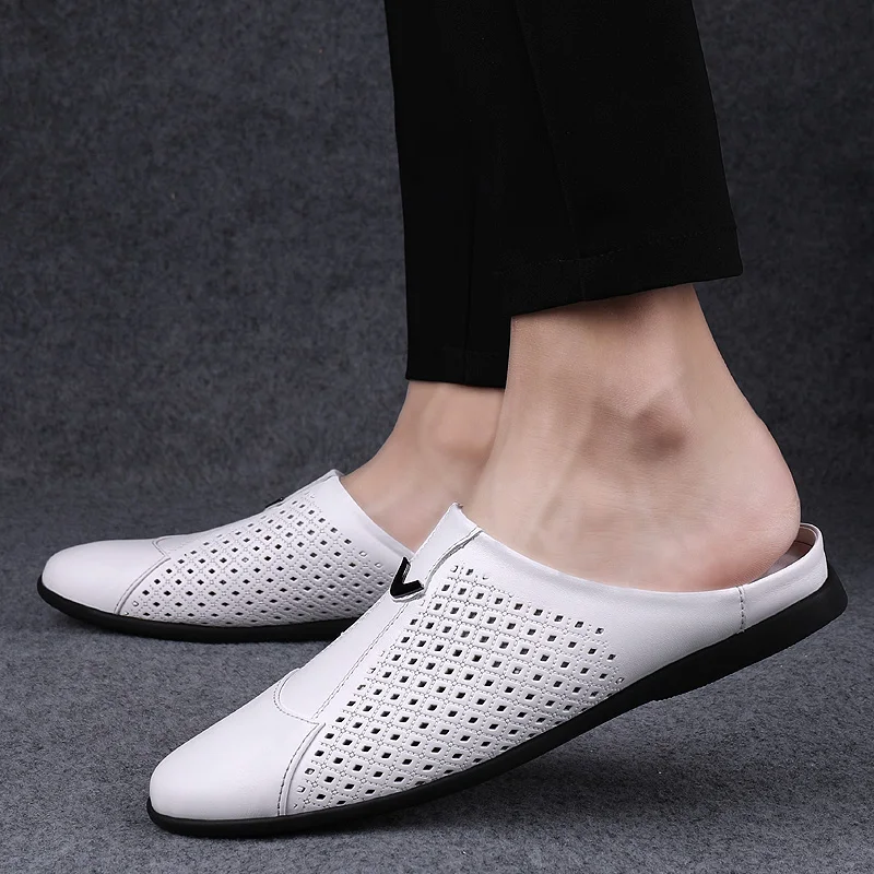 

2026 Adult Summer Half Drag Peas Leather Mens Driving Shoes Men's Penny Loafers Men Moccasins Man Mules Tenis Masculino White