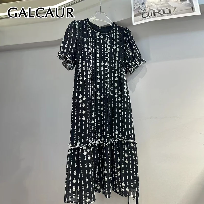 

GALCAUR Colorblock Loose Spliced Printing Dresses for Women Round Neck Short Sleeves Patchwork Diamonds Dress Female Clothing