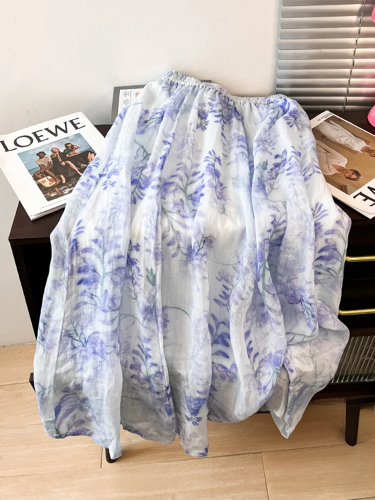 

Summer Floral Cotton Linen A-Line Midi Skirt Women's Vintage Artistic Gentle Wind f-length Skirt High Waist Long Skirt