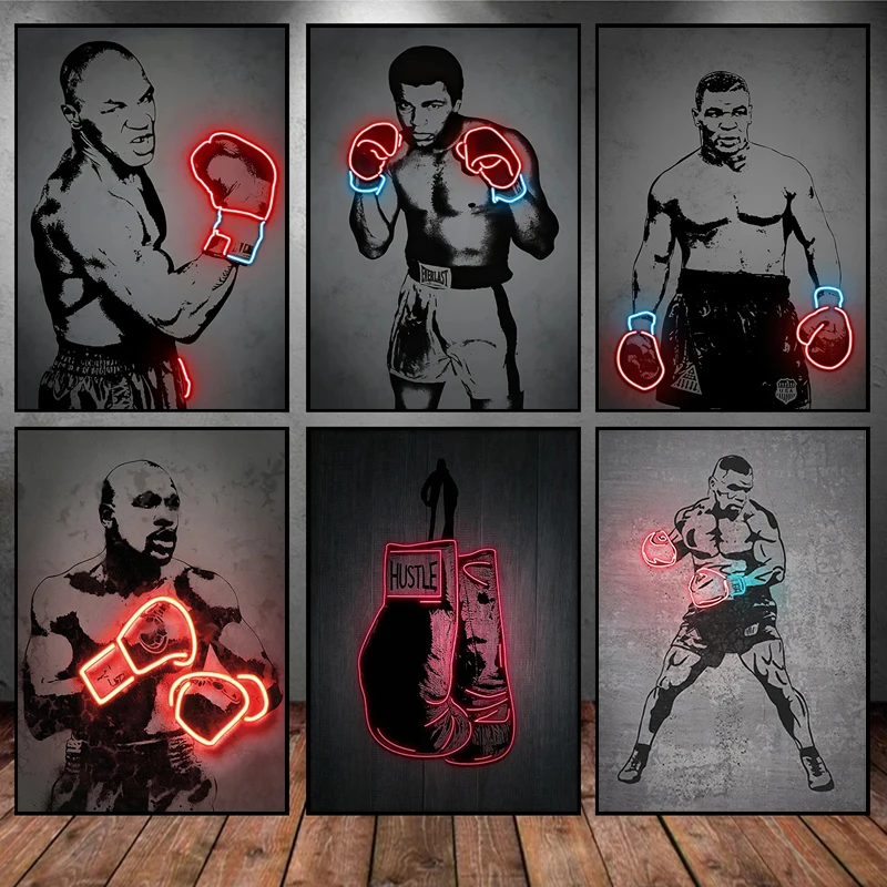 Neon Design Boxing Canvas Paintings Mike Tyson Boxer Abstract Art Posters and Prints Vintage Bar Home Decor Cool Mural No Lig
