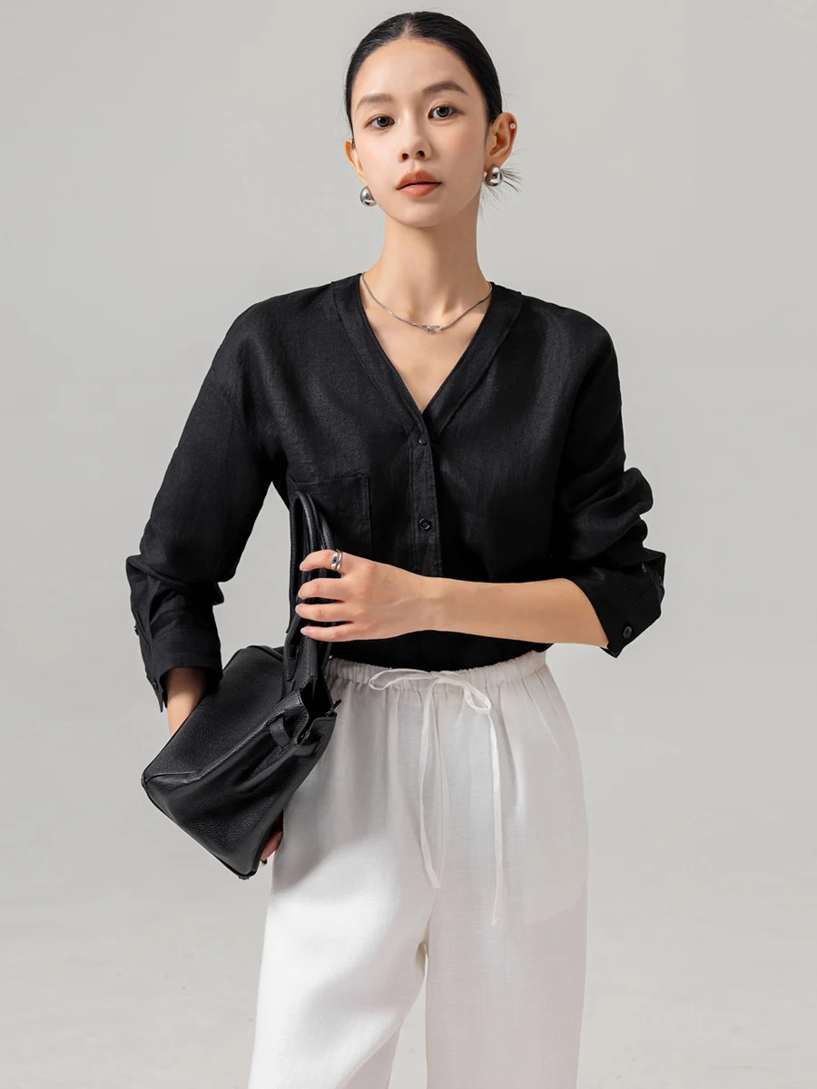 

Pure Linen irt Women's V-ne mat Sle Casual Loose Fit Long Sve Breathable Skin-friendly Spring Faion Top