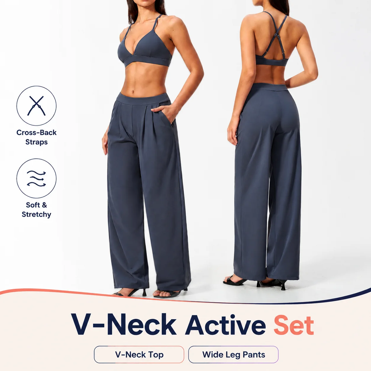 Women's V-Neck Cross Back Sports Set, Pleated Wide Leg Pants with Pockets, High Waist Casual Yoga Suit