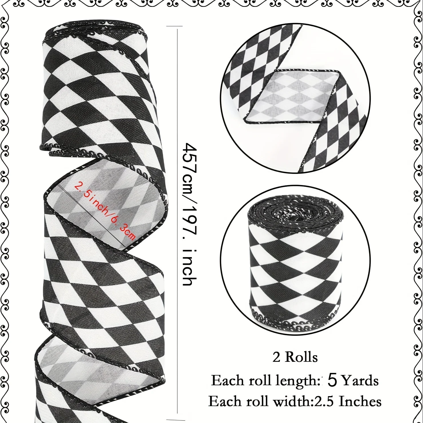 2 Rolls,  Black And White Checkered Ribbons  Plaid Wired Ribbon   For Christmas Tree DIY Hair Bow Wreath Decors Crafts