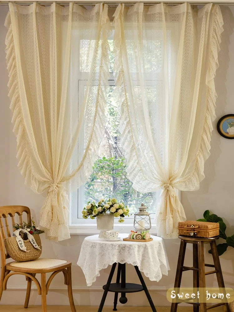 

Boho Ruffle Crochet Curtain For Living Room,Vintage Farmhouse Curtains Geometry Striped Knitted Lace Light Filtering Curtains