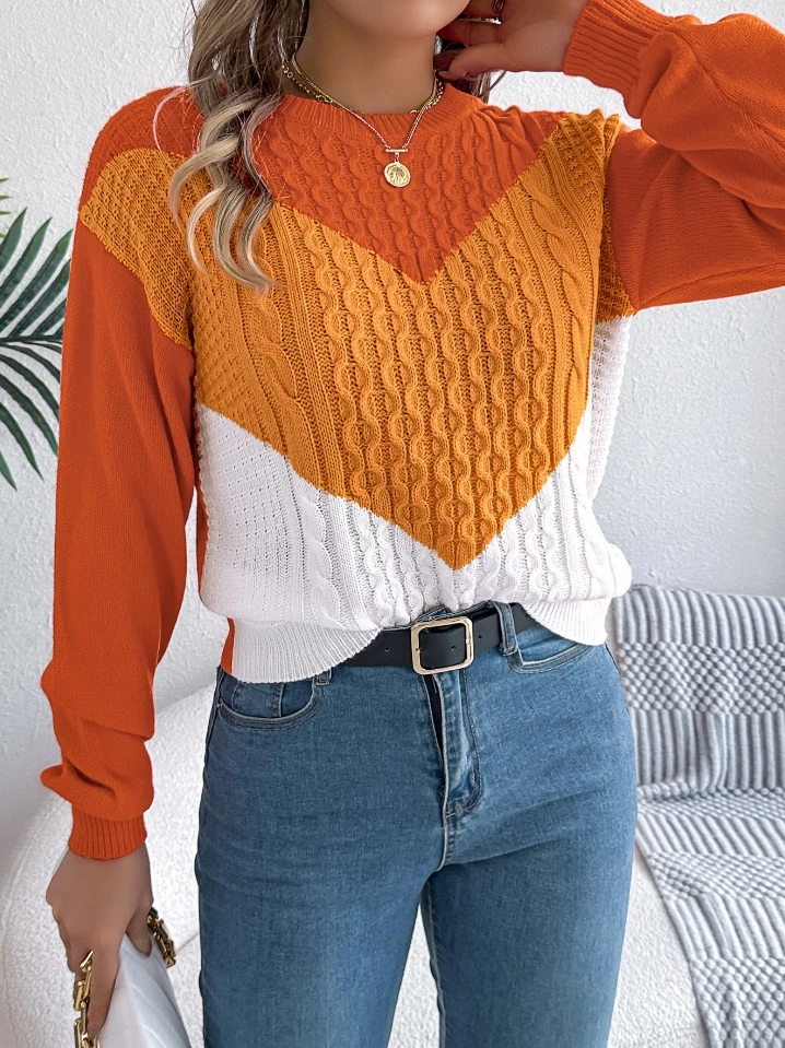 Women's Street Trend Pullover 2025 Autumn Winter Latest Color Blocking Fried Dough Twists Lantern Sleeve Pullover Sweater Top