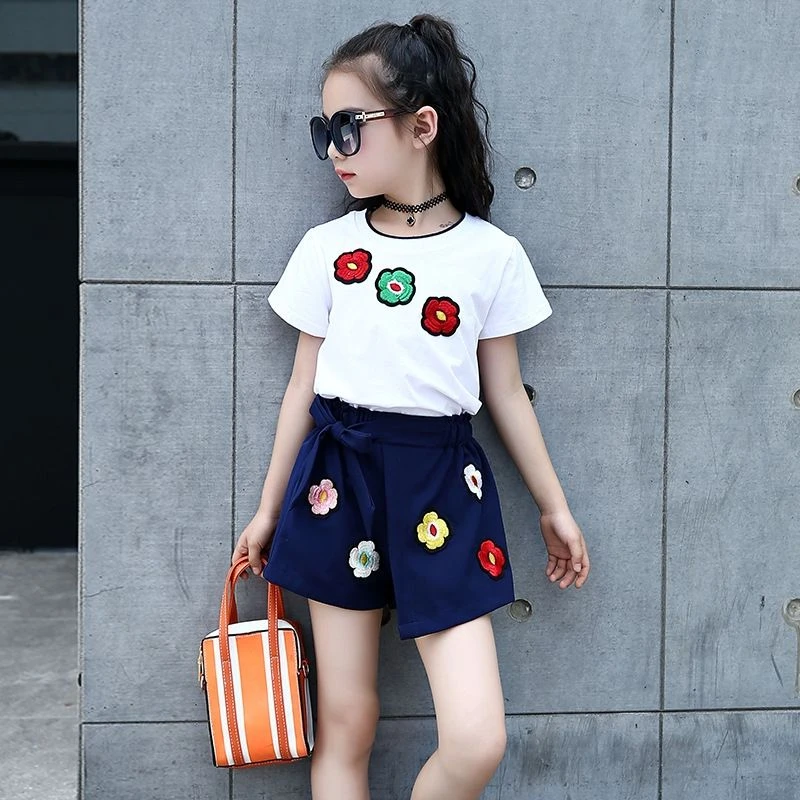 Summer Girls Set Embroidered Cotton Shorts T-shirt Girl Two Piece Suit Fashion Flower Skirt 2 To 4 5 6 7 8 9 10 11 12 Years Old