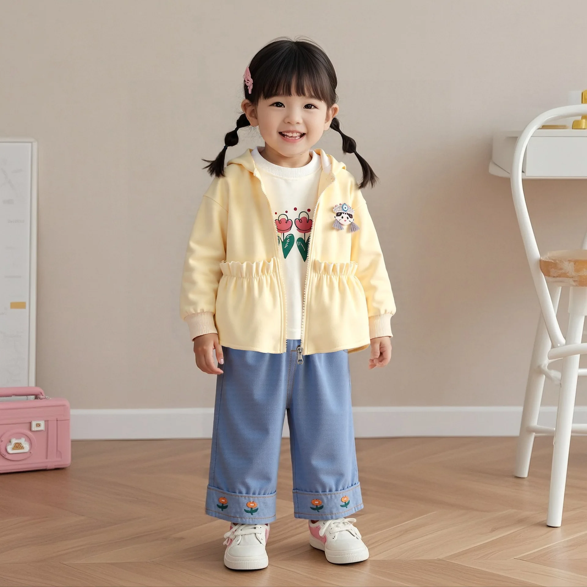 

2025 Autumn Girls 3-Piece Set Zip-Up Hoodie Jacket + Pants + T-Shirt Flower Print Casual Outfit for Toddler Soft Cotton Blend