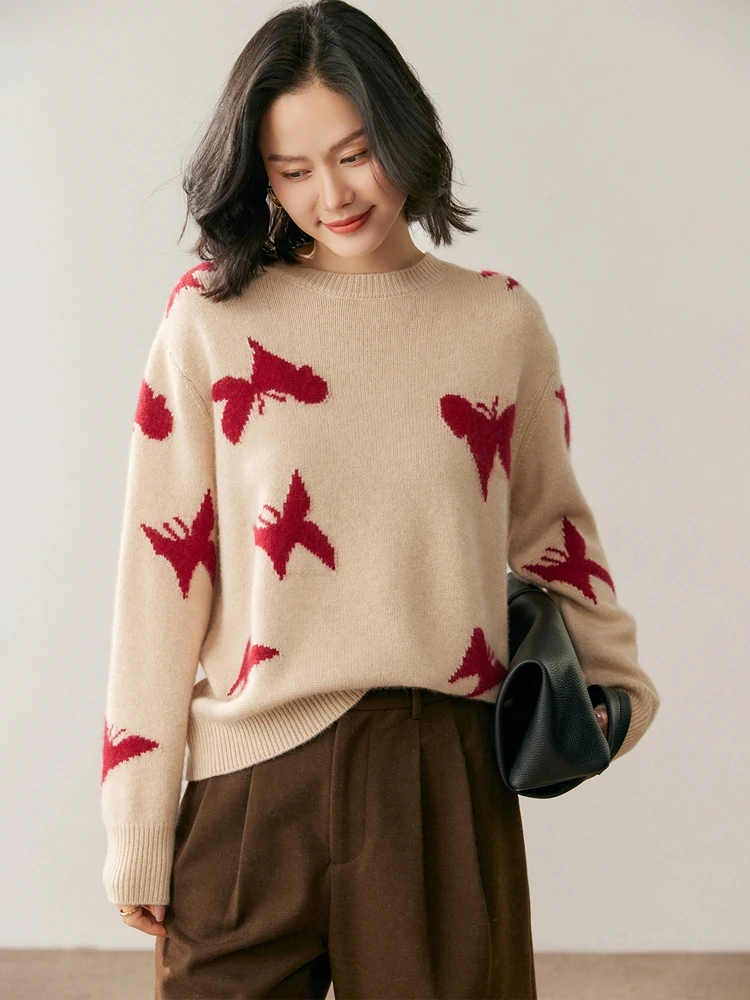 Chic Autumn Winter Women's 100% Cashmere Sweater O-neck Long Sleeve Pullover Thickened Cashmere Knit Jumper Casual Clothes Tops