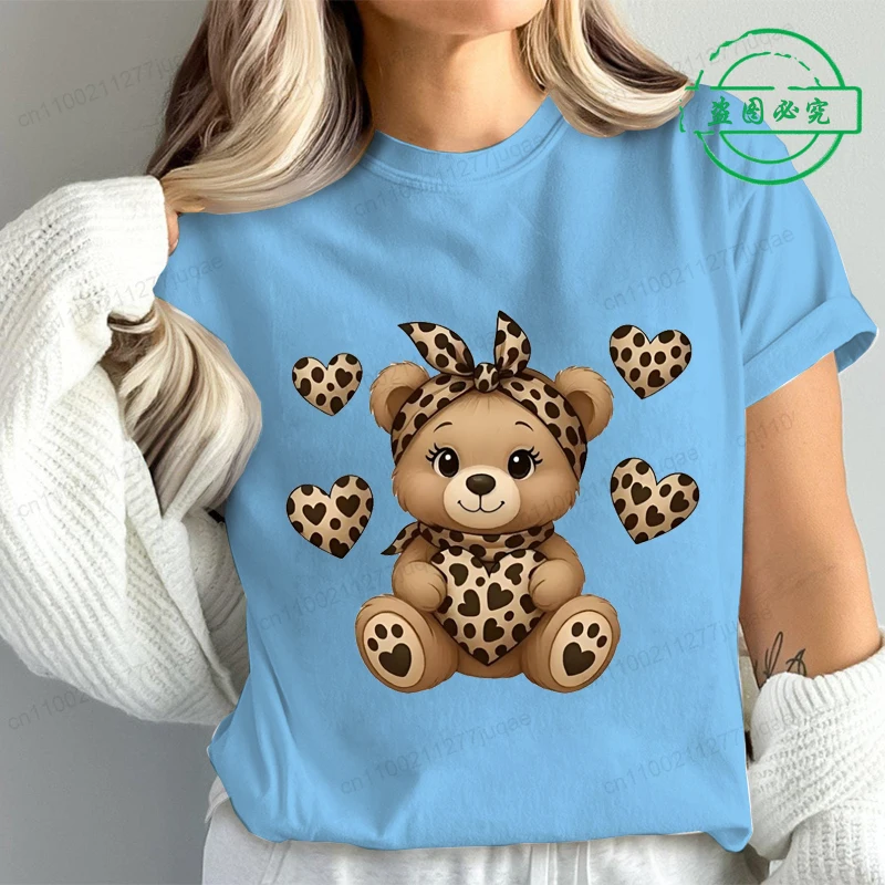 Leopard Bear Anime Cute Women T Shirt Fashion Casual Graphic T-Shirts Short Sleeve Tee Tops Summer Fashion Female T-Shirt Mujer