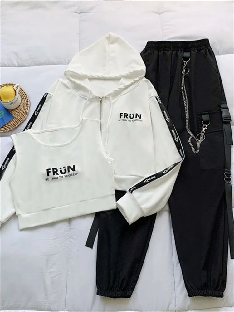 

Cargo Pants Women's Suit Harajuku Loose Hooded Sweatshirt Sets Zipper Cardigan +Tank Top+ Leggings Gothic Chain Alt Pants Suit