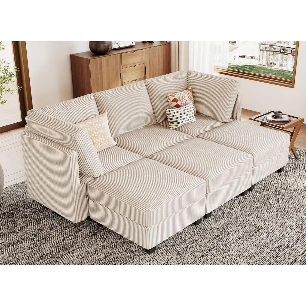 Sofá Cama de 6 Plazas con Almacenamiento y Chaise Longue Reversible en Corduroy Beige