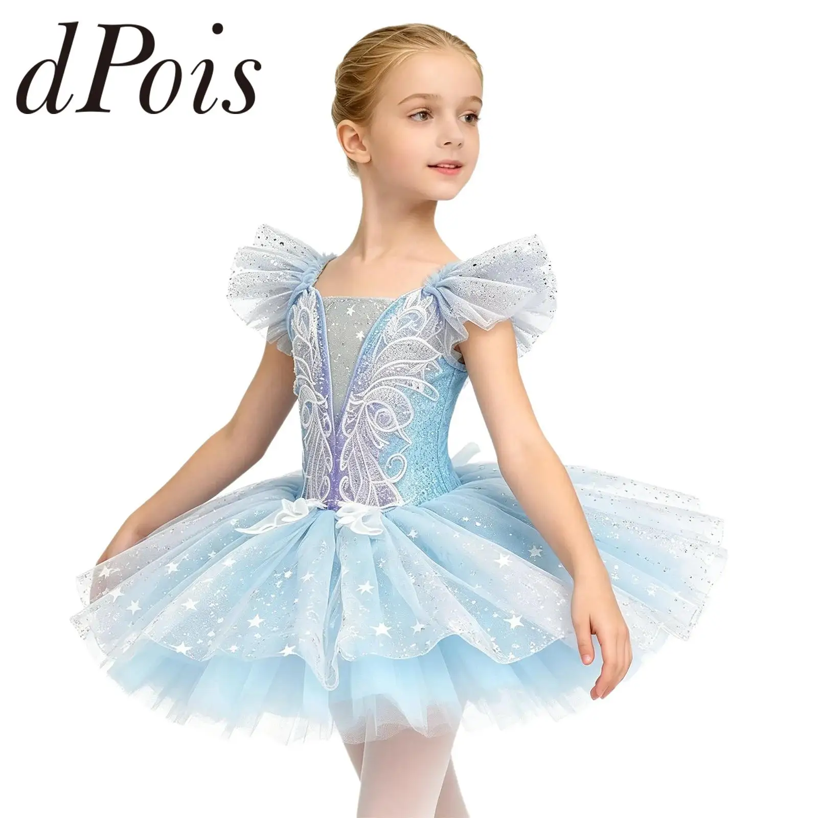 Kids Ballerina Ballet Dress for Girls Stage Performance Ruffled Sleeves Sequin Tulle Tutu Dress Princess Embroidery Costumes