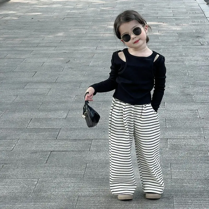 

Girls' Chunqiu 2025 New Casual Set, Fashionable Children's Fake Two-Piece Top with Striped Wide-Leg Pants Two-Piece Trendy Outfi