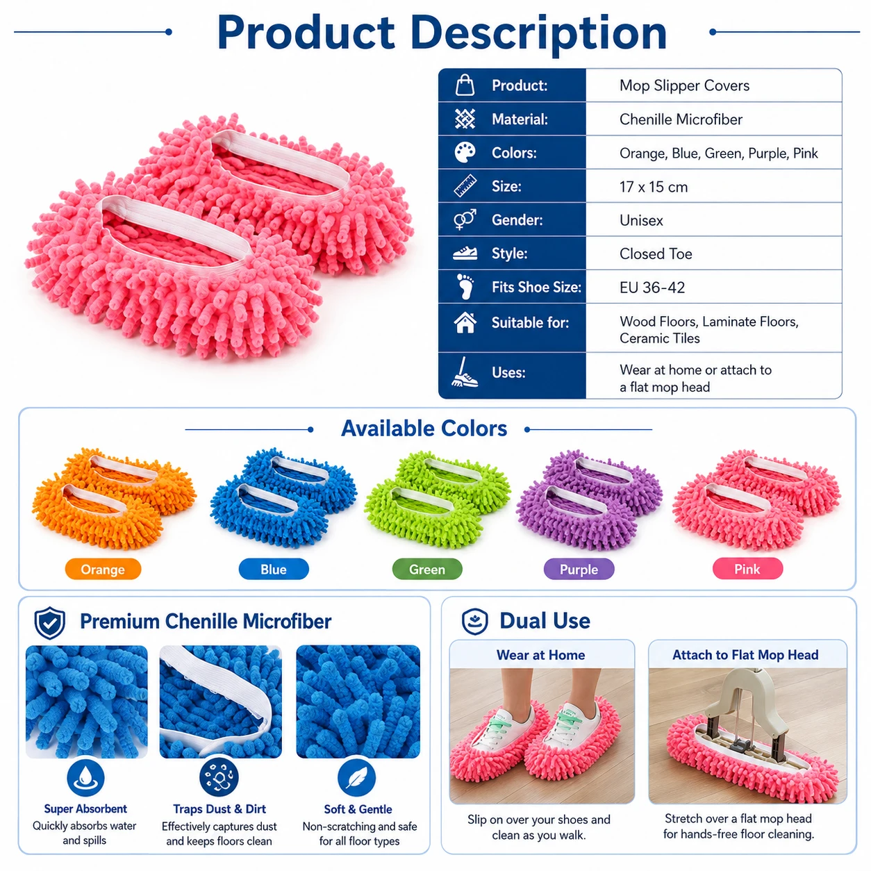 1-4Set Microfiber Mop Slippers, Washable Reusable Floor Dusting Shoes, Multi-Function Cleaning Slippers for Hardwood Tile