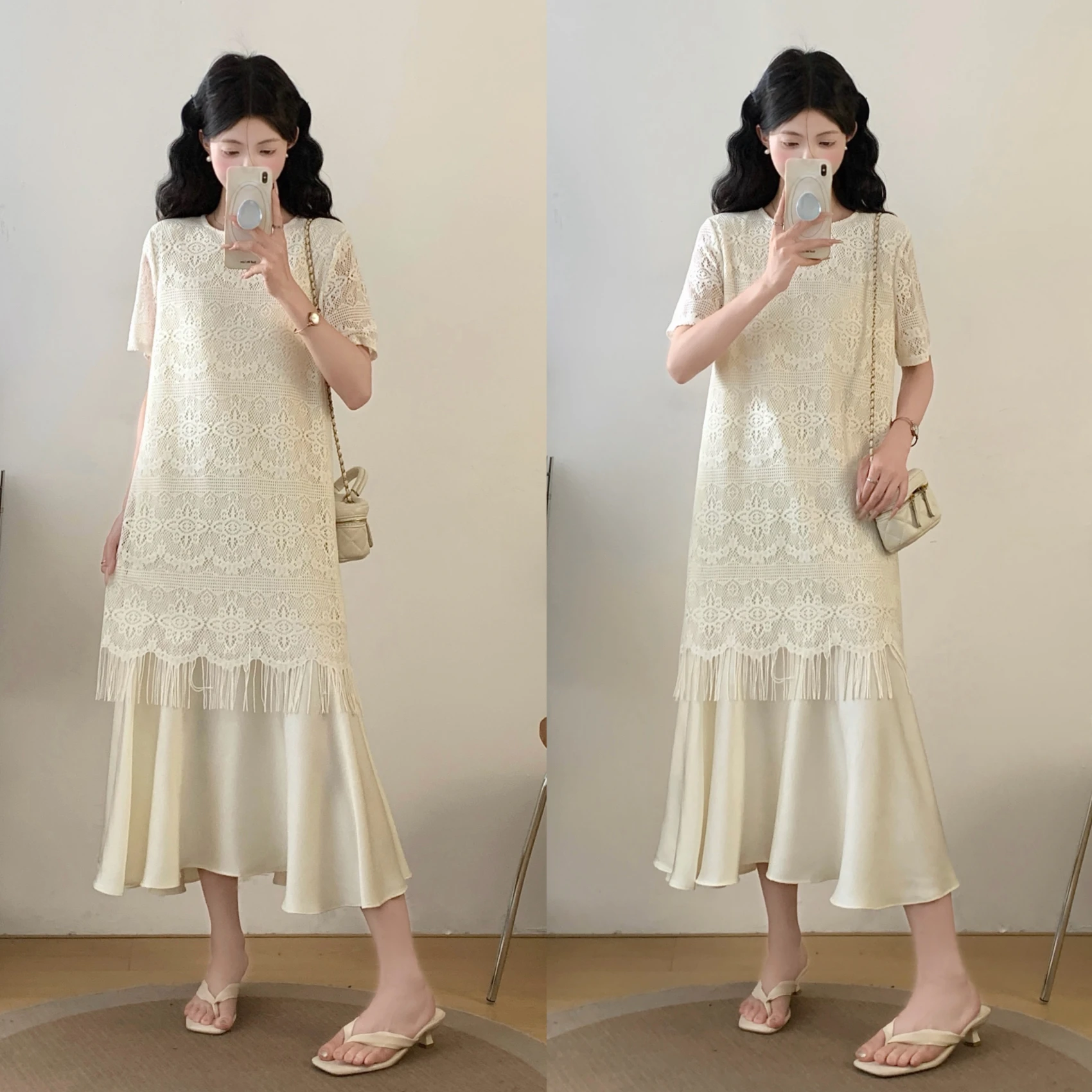 plus Size Summer New Elegant Long Tassel Dress Casual Standard Fit Polyester Fiber Short Sleeve round Neckline Midi Dress