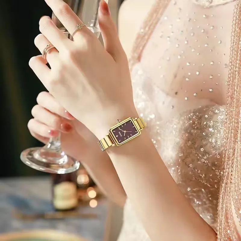 DOM 1760 우아한 숙녀 쿼츠 시계 간단한 패션 직사각형 다이얼 방수 스테인레스 스틸 스트랩 캐주얼 여성용 시계