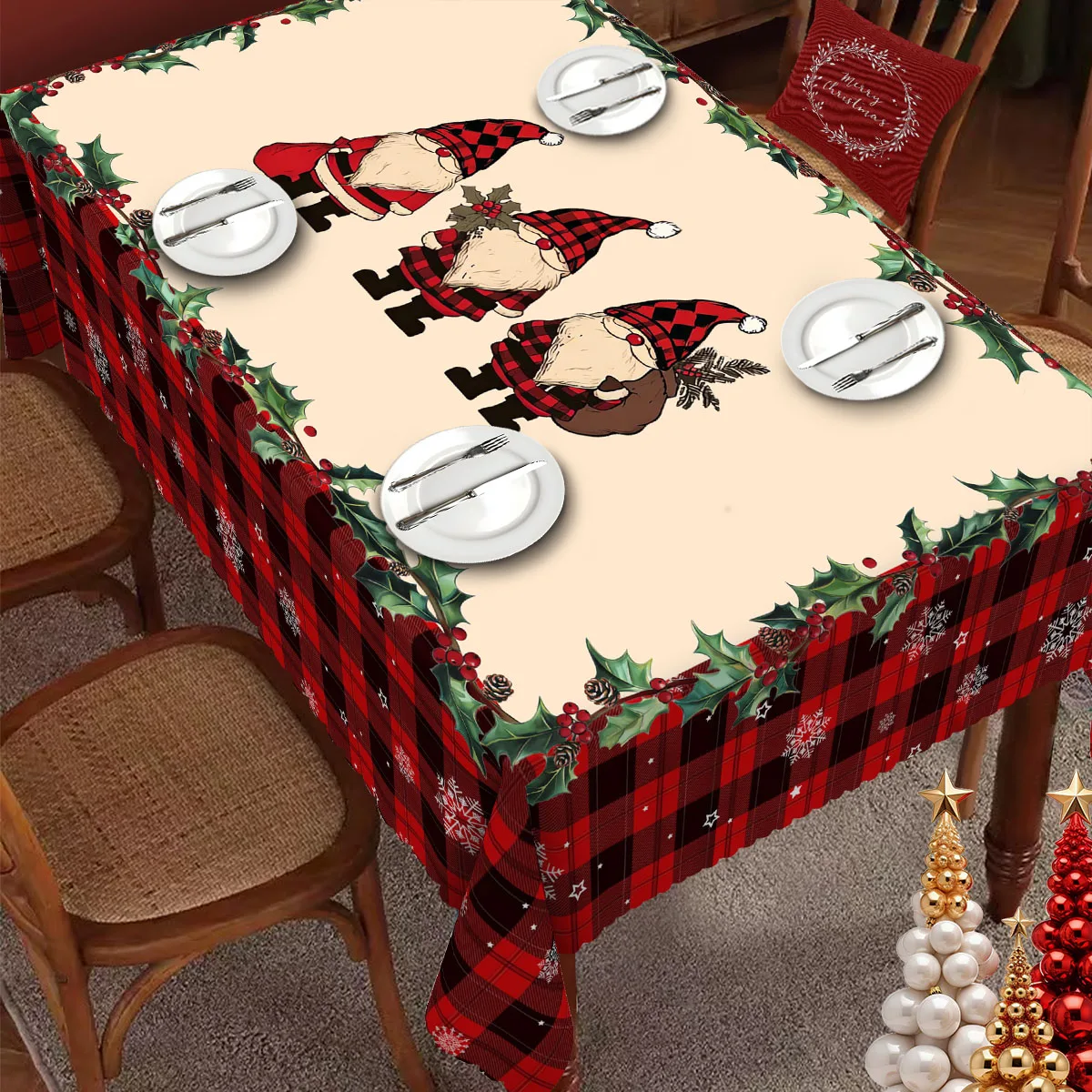 1 Piece of Christmas-Themed Printed Tablecloth, Available in Various Sizes, Playful Christmas Gnome Print Pattern Party Decoration Tablecloth, Printed Tablecloth, Christmas Party Gathering Courtyard Tablecloth Decoration, Suitable for Christmas Home Kitchen, Dining Room Terrace Indoor and Outdoor Use Table Set