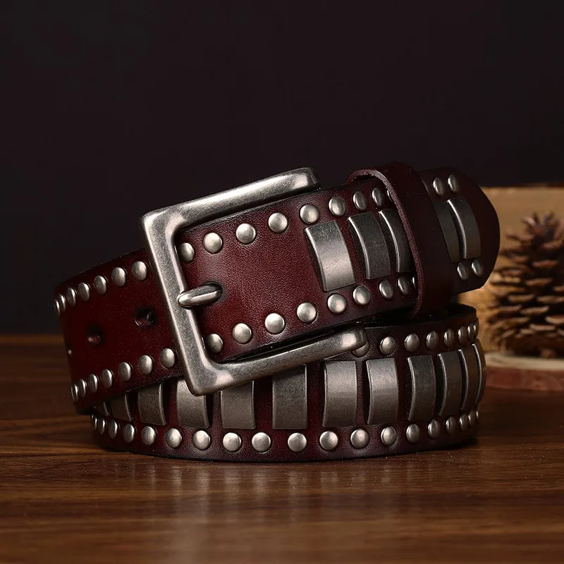 Top layer riveted belt for men leather punk-style workwear
