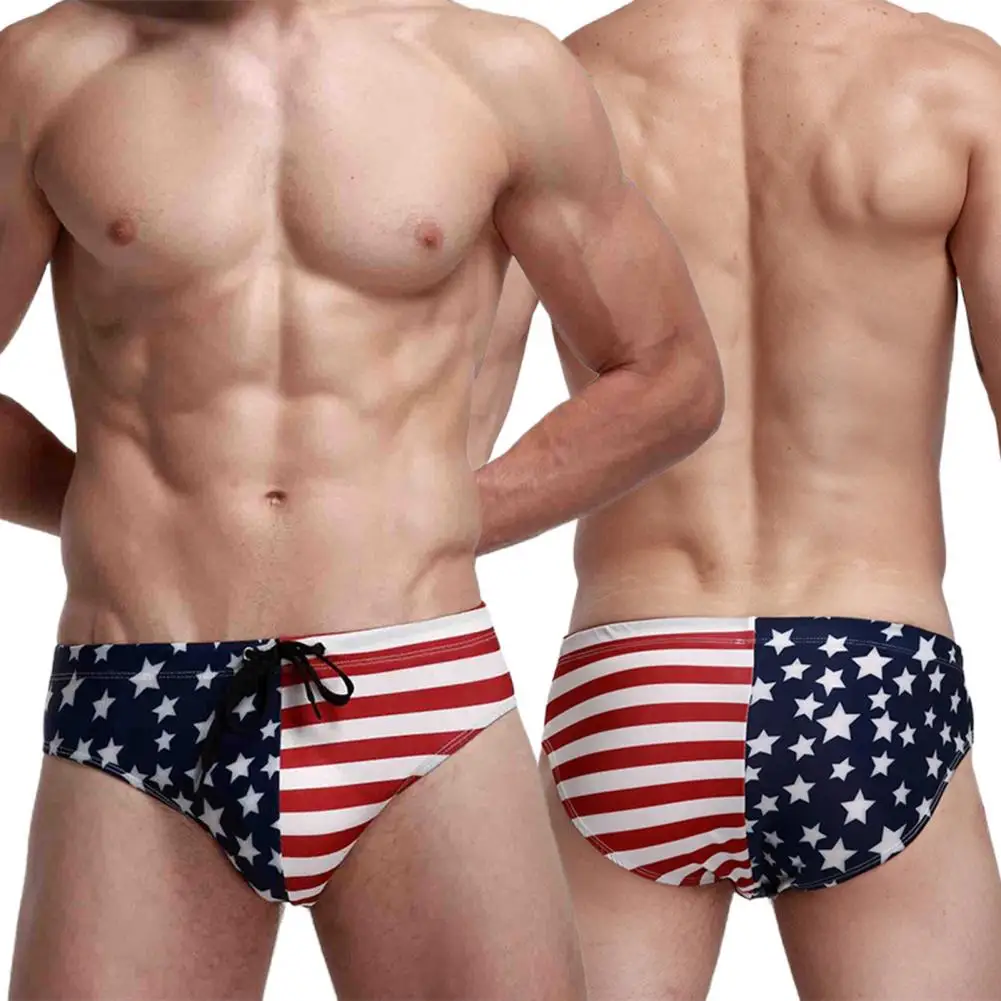 Breathable Men Swim Briefs Trunks Washable Stretchy USA Flags Design Swimming Trunks for Water Activity