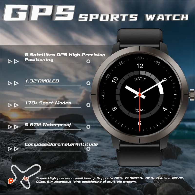

2025 GPS Smart Watch 360mAh Large Battery BT Call 1.32inch AMOLED 5ATM Waterproof 170 Sport Modes Outdoor Men Women Smart Watch