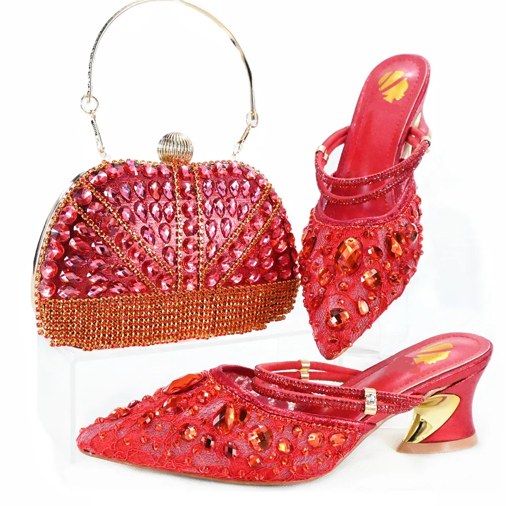 

Gorgeous Red Women Shoes Match Crystal Handbag African Dressing Pumps And Bag Set ZH2424,Heel 5.5CM