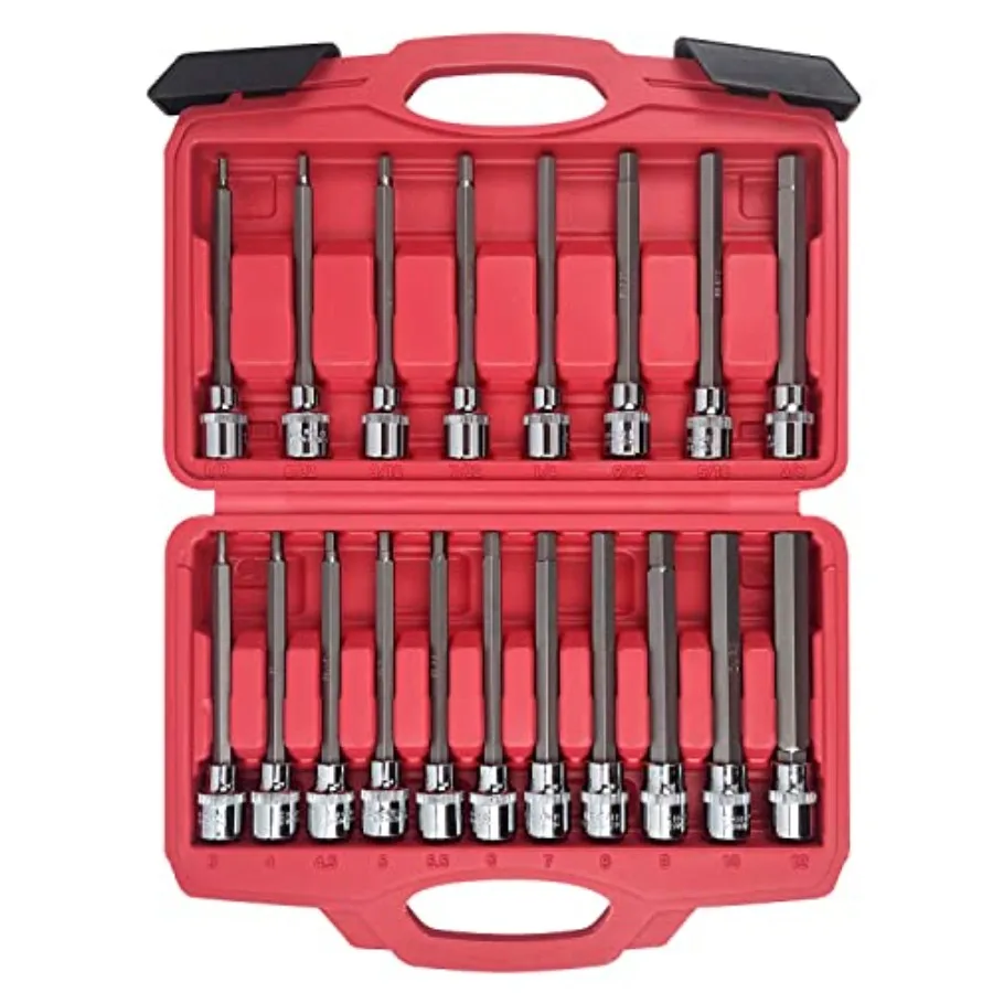 

19-Piece 3/8 Inch Drive Extra Long Allen Hex Bit Socket Set Standard SAE and Metric 1/8-Inch - 3/8-Inch 3-12mm S2 Alloy Steel N