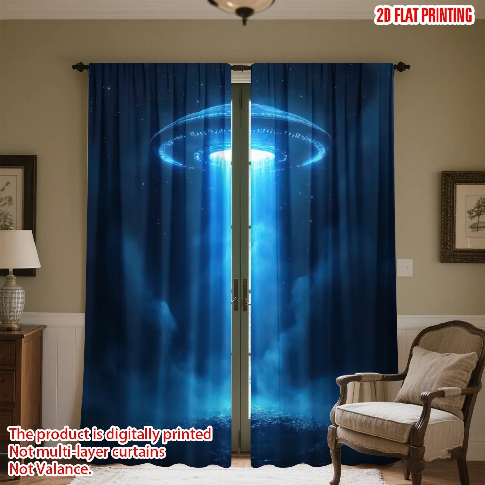 

2D flat printing 2pcs Party Curtains UFO in Night Sky Digital Printed Polyester Drapes Party Decorations for Indoor Celebrations
