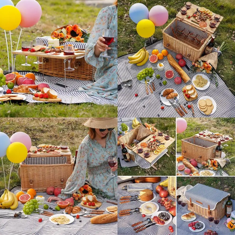 Cesta de Picnic Portátil para 4 Personas con Manta, Mesa de Bambú y Set de Vino y Aperitivos para Fiestas al Aire Libre y Camping