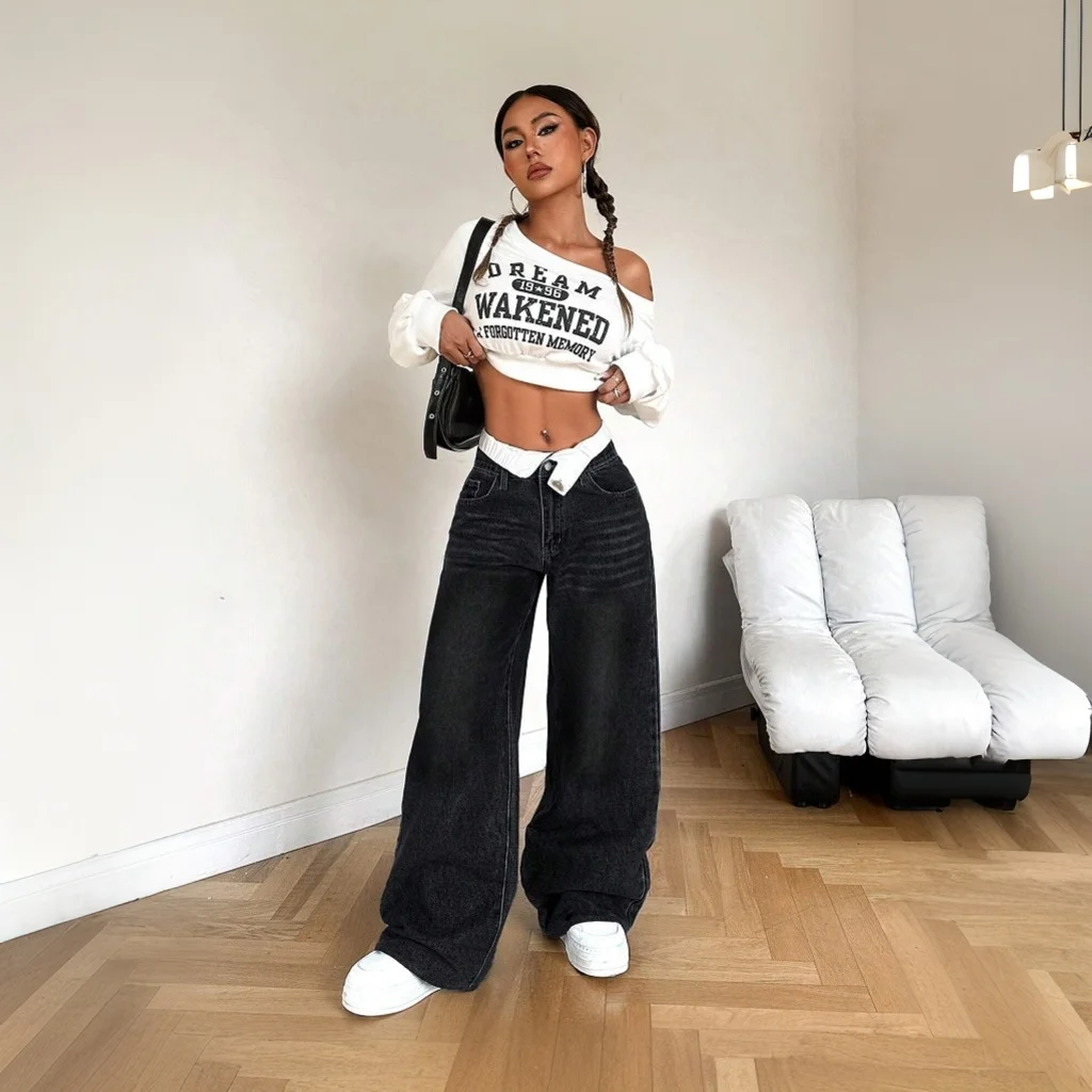 กางเกงยีนส์ Y2K สำหรับผู้หญิง ทรงเอวต่ำ ขากว้าง แฟชั่นลำลอง สไตล์หลวม ใส่สบาย ดีไซน์วินเทจสุดเทรนดี้