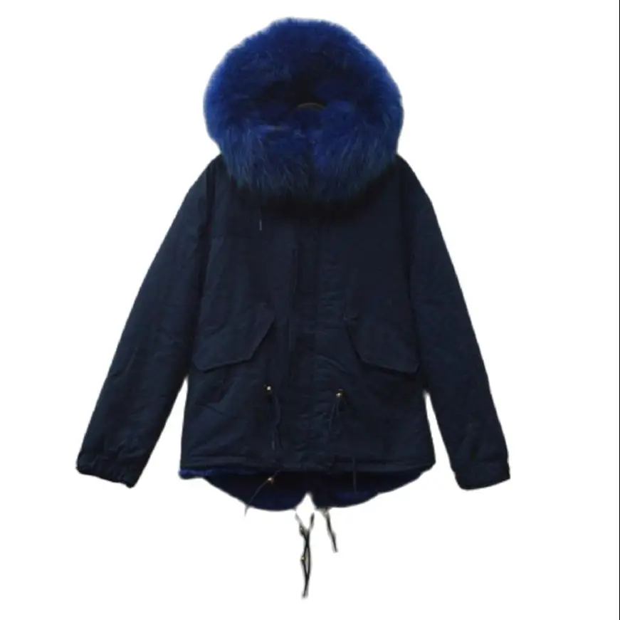 Hot Sale Navy Short Parka With Blue Faux Fur Lining Casual Style Unisex Overcoat