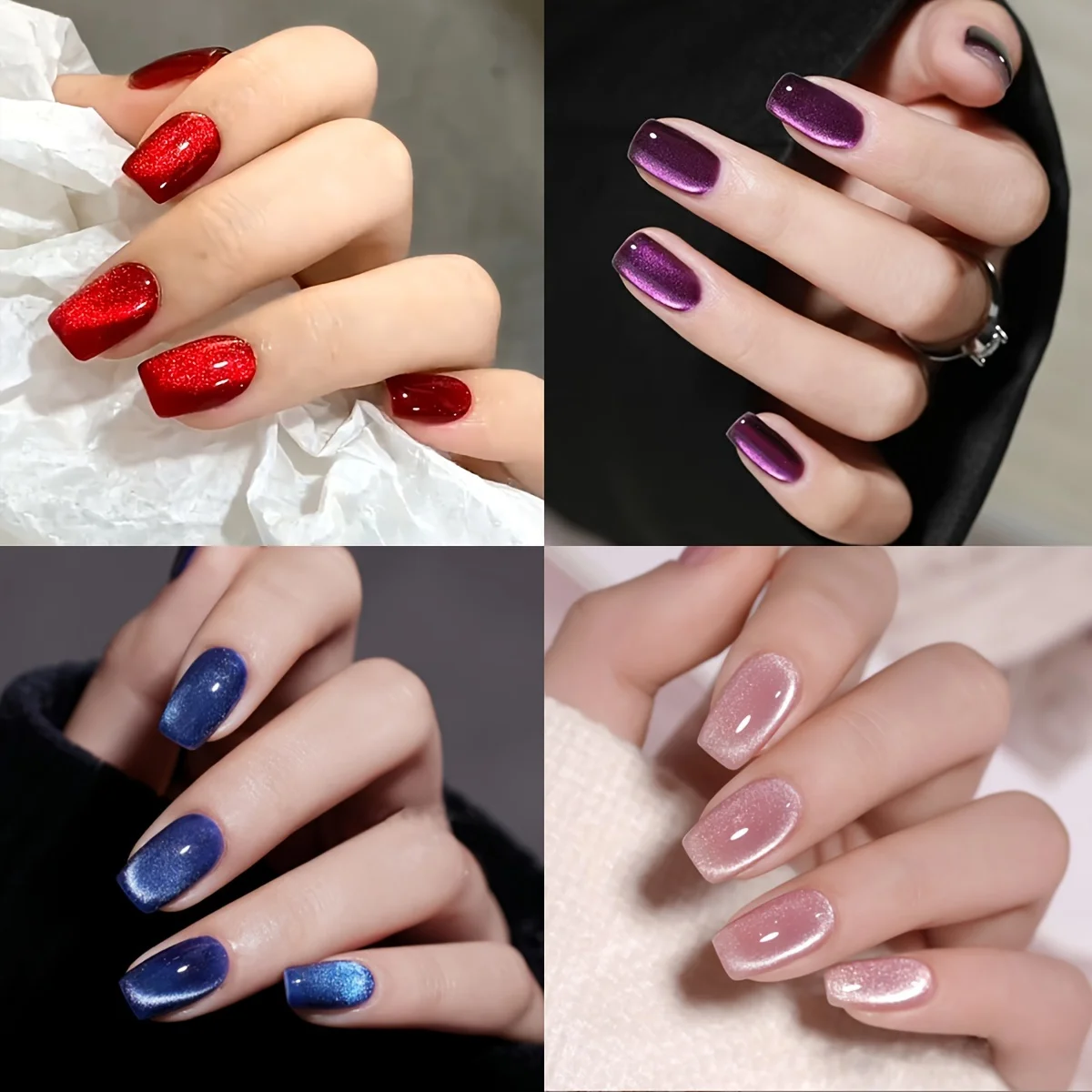 4 boîtes (96 pièces) faux ongles carrés courts brillants œil de chat, couleur chair, rose, bleu, violet, paillettes, couverture complète, réutilisables pour femmes