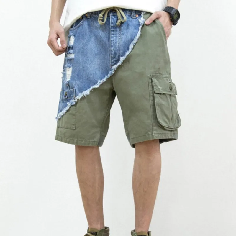 

Old Ripped Workwear Fifth Pants Stitching Men's Overalls