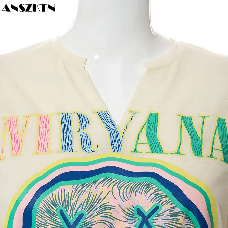 ANSZKTN, venta al por mayor, ropa de calle de verano, moda de manga corta, blusa informal Sexy, camiseta con estampado de dibujos animados y letras para mujer